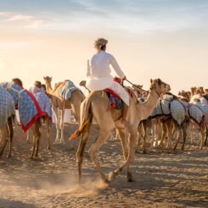 4x4 vehicle with roof-top tent parked in the Omani desert at sunset with high sand dunes in the background