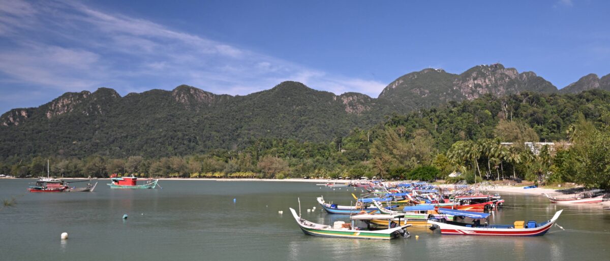 Aerial view of Langkawi Island with green hills, sandy beaches and turquoise sea