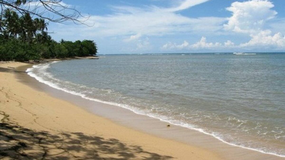 Aerial view of Sorong harbor with boats and distant green islands under a tropical sky