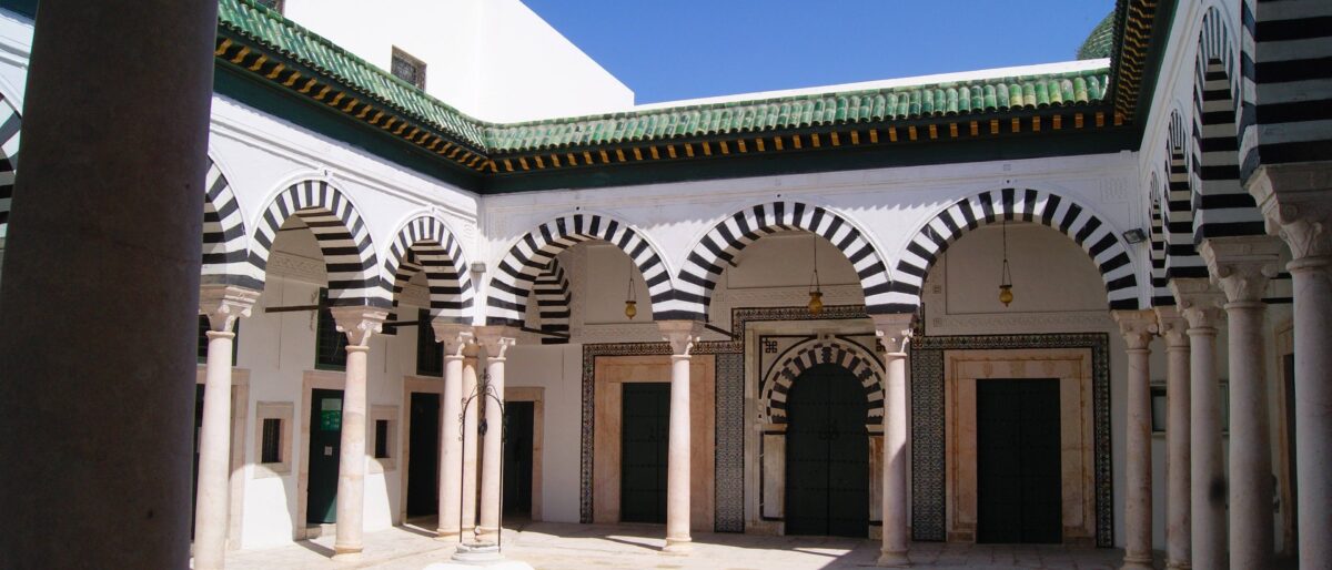 Blue-and-white houses with ornate doors and sea view in the hilltop village of Sidi Bou Said near Tunis
