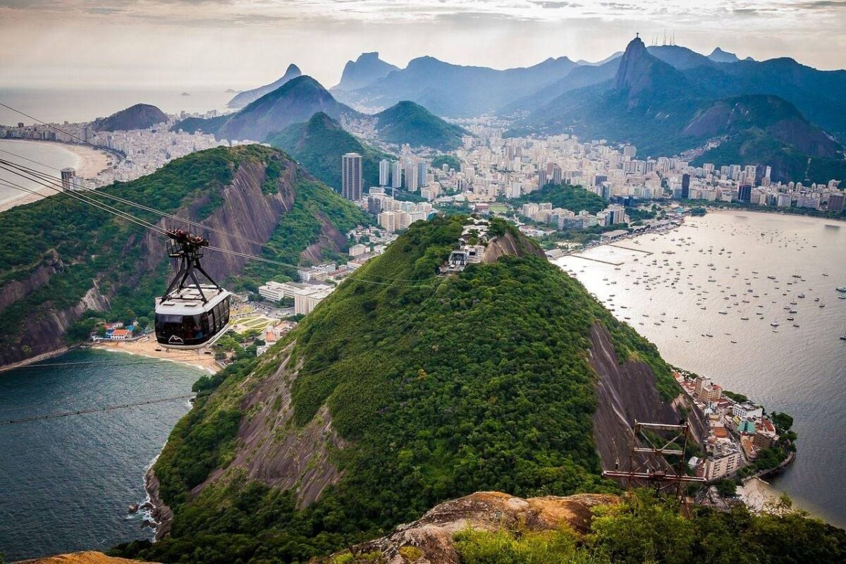 Cable car ascending Sugarloaf Mountain with Rio’s coastline and beaches below