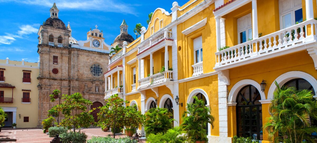 Cartagena’s walled old town with colorful colonial houses, balconies and church domes near the Caribbean Sea