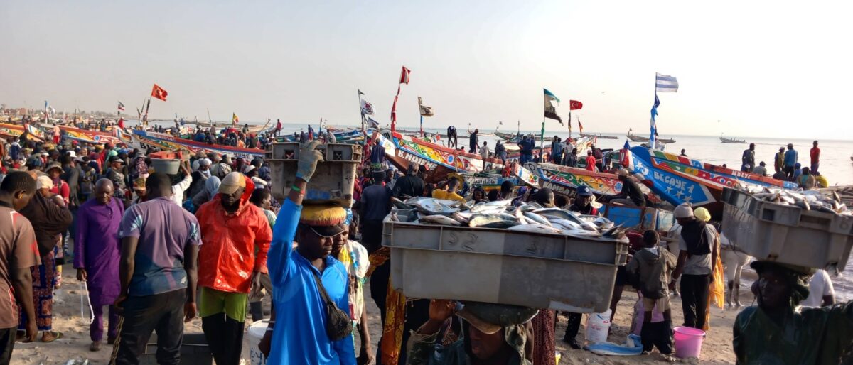 Colorful market scene in Mbour, Senegal, with stalls of vegetables and fish and local people shopping