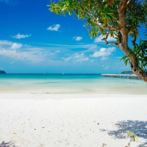 Cyclist riding past ancient stone gate and jungle-covered ruins in the Angkor temple complex near Siem Reap at sunrise