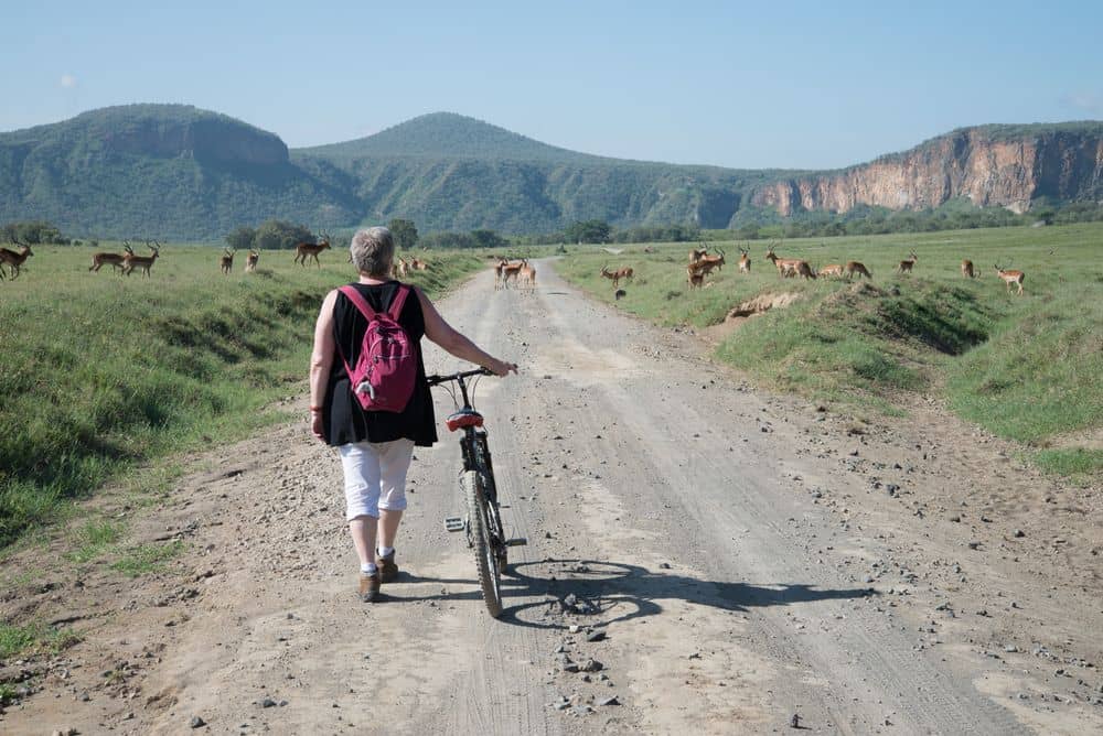 Cyclists riding past zebras and dramatic rock cliffs in Hell’s Gate National Park near Lake Naivasha, Kenya