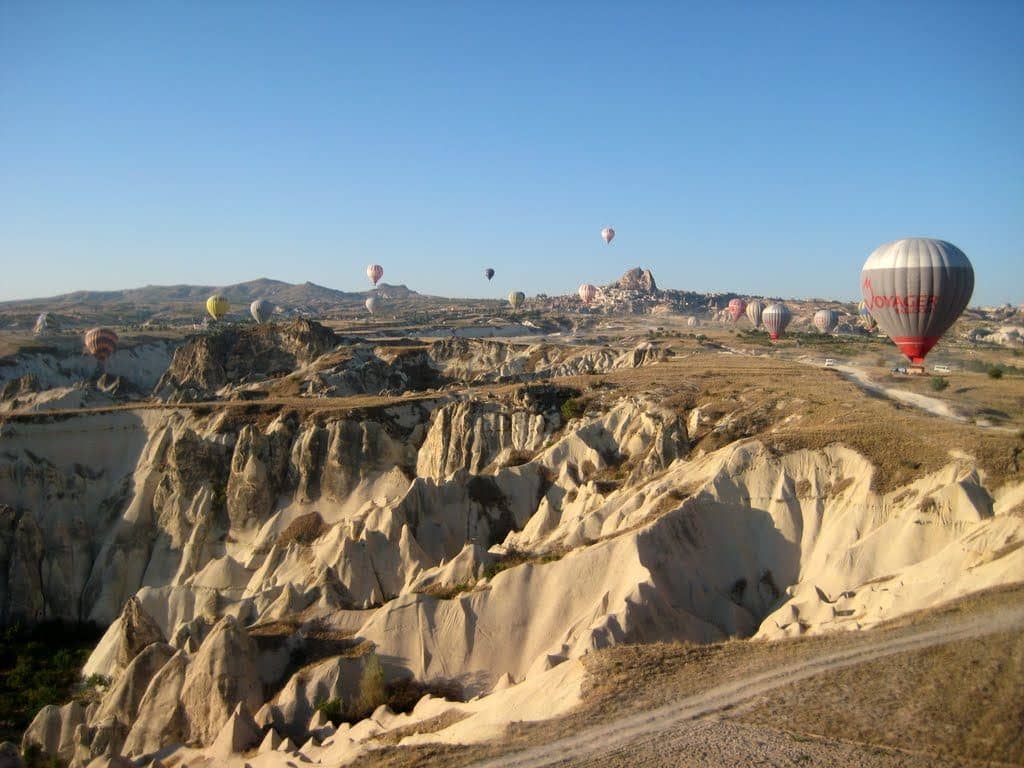 Early morning view of Cappadocia with valleys and rock formations fading into the distance