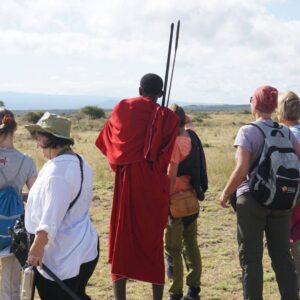 Family on safari vehicle watching giraffes on the savannah with Kilimanjaro in the background at sunset in Tanzania