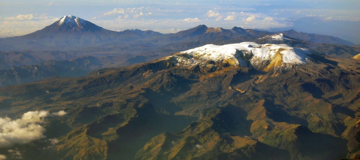High-altitude páramo landscape in Los Nevados with frailejón plants and snow-capped peaks