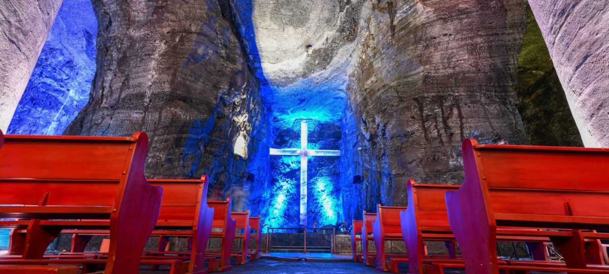 Interior of the underground Salt Cathedral in Zipaquirá with illuminated crosses carved in rock salt