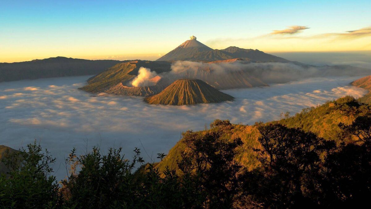 Jeep tracks on volcanic sand plain leading to smoking Mount Bromo at sunrise