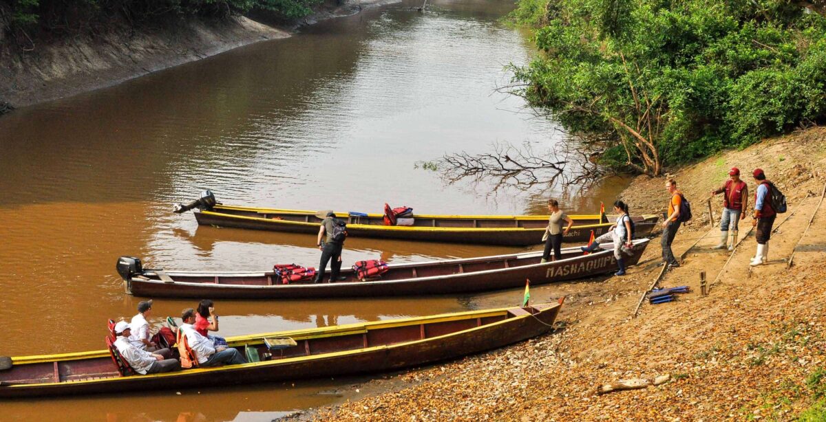 Motorboat navigating a jungle river surrounded by dense Amazon rainforest near Rurrenabaque in Bolivia