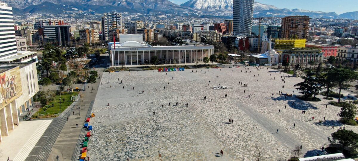 Night view of central Tirana with illuminated buildings and streets in Albania
