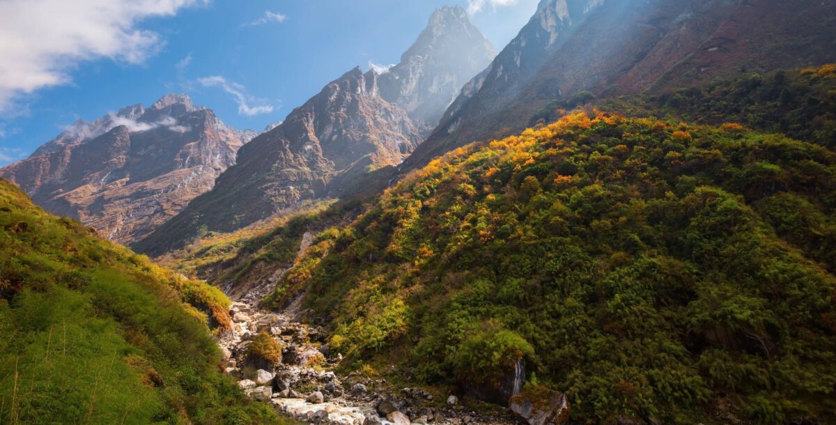 Panoramic view from Annapurna Base Camp of snow-covered peaks and glacier under a clear blue sky