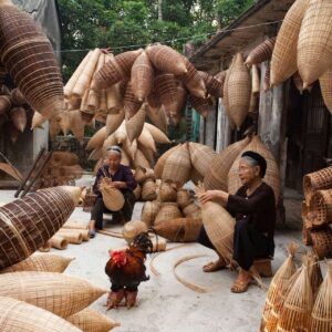 Panoramic view of Halong Bay in Vietnam with traditional wooden junk boat sailing among dramatic limestone karsts at sunset
