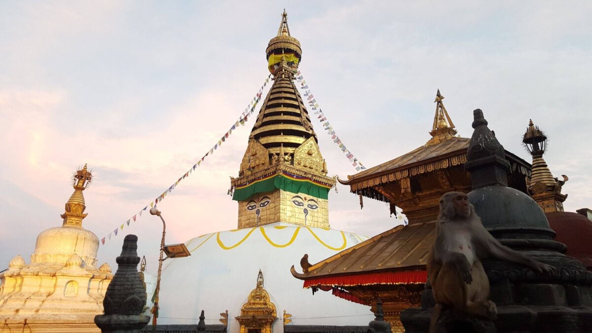 Panoramic view of Kathmandu Valley with Swayambhunath Stupa on a hilltop