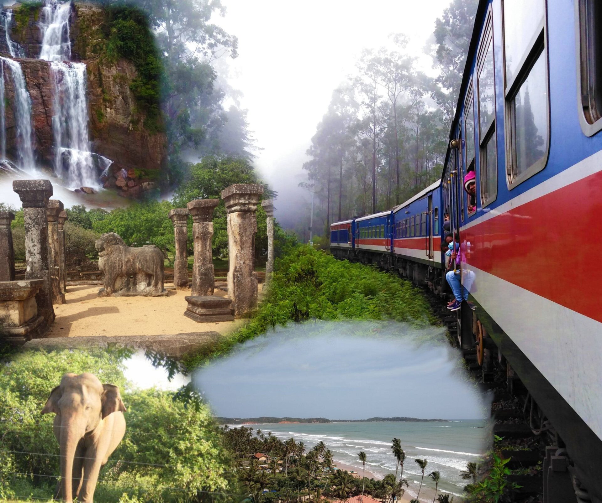 Panoramic view of lush Sri Lankan landscape with ancient ruins and tropical greenery under a blue sky