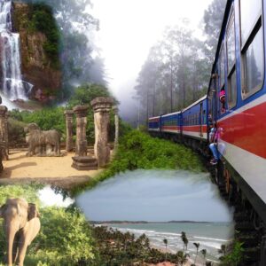 Panoramic view of lush Sri Lankan landscape with ancient ruins and tropical greenery under a blue sky