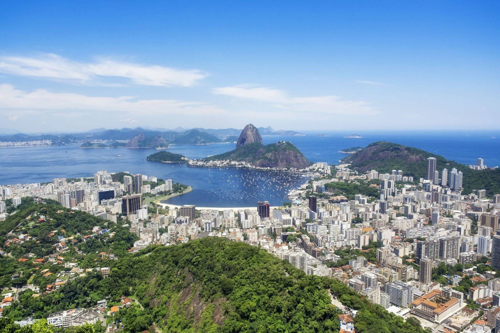 Panoramic view of Rio de Janeiro with Sugarloaf Mountain and Guanabara Bay at sunset
