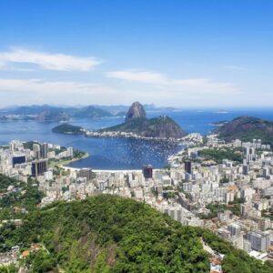 Panoramic view of Rio de Janeiro with Sugarloaf Mountain and Guanabara Bay at sunset