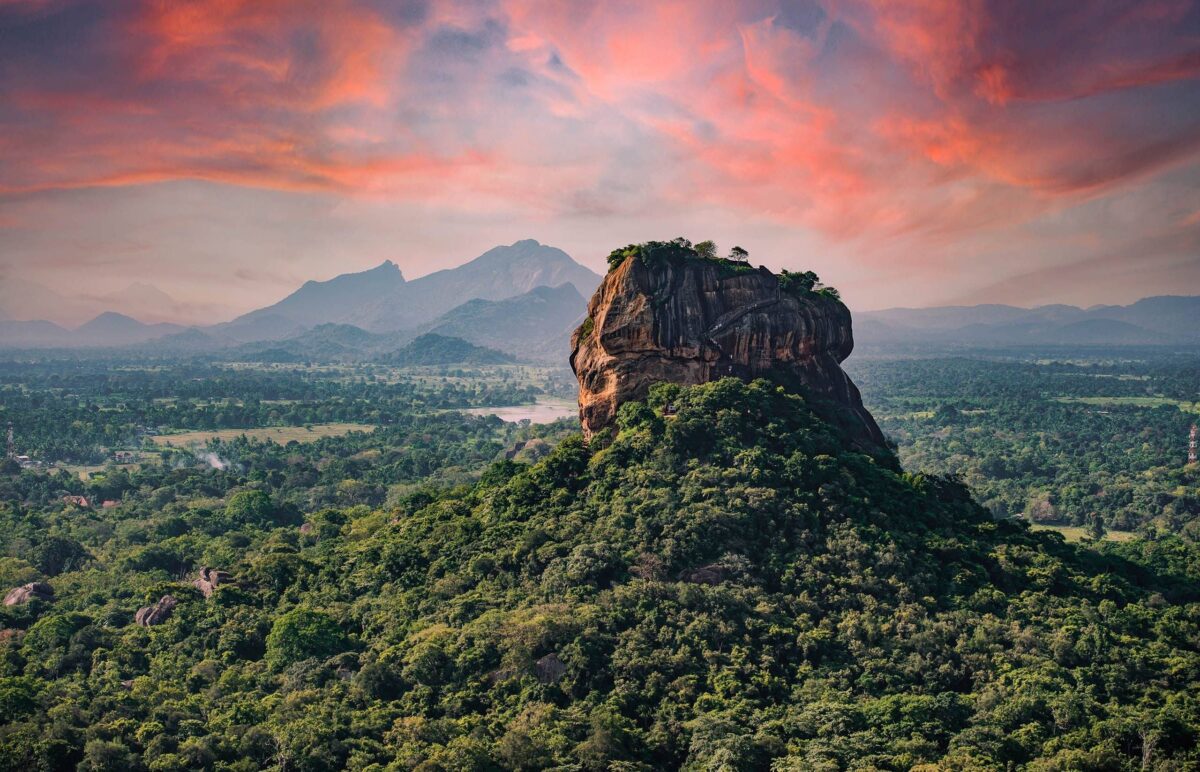 Panoramic view of Sigiriya Rock Fortress rising above the green jungle in central Sri Lanka