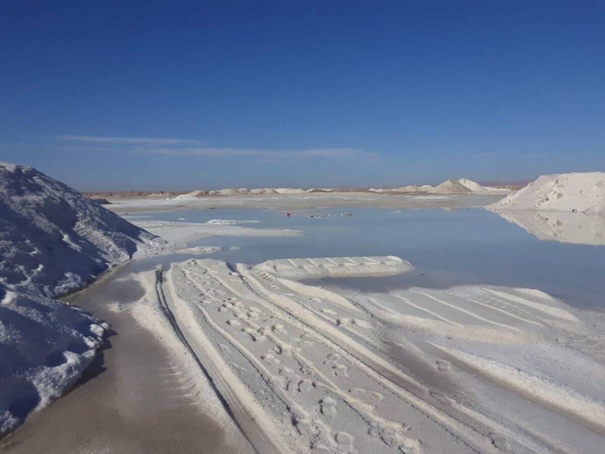 Panoramic view of the Chott el Djerid salt lake with mirage reflections under a clear blue sky in southern Tunisia