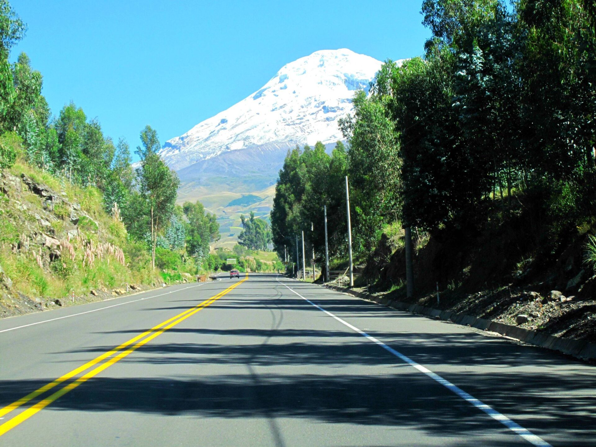 Panoramic view over Ecuador’s snow-capped Andean volcanoes at sunset with winding road in the foreground