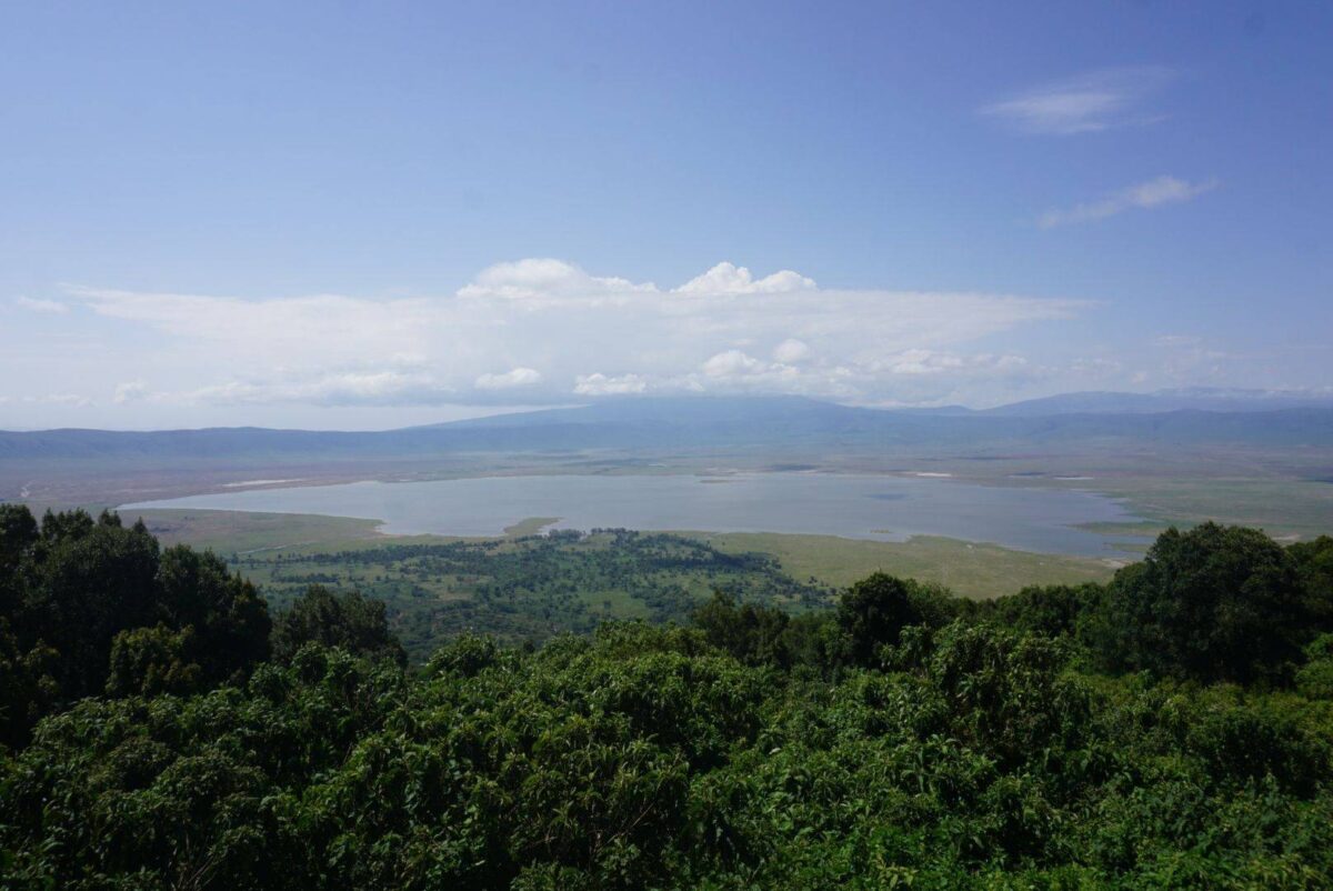 Panoramic view over the Ngorongoro Crater with grazing wildlife on the crater floor