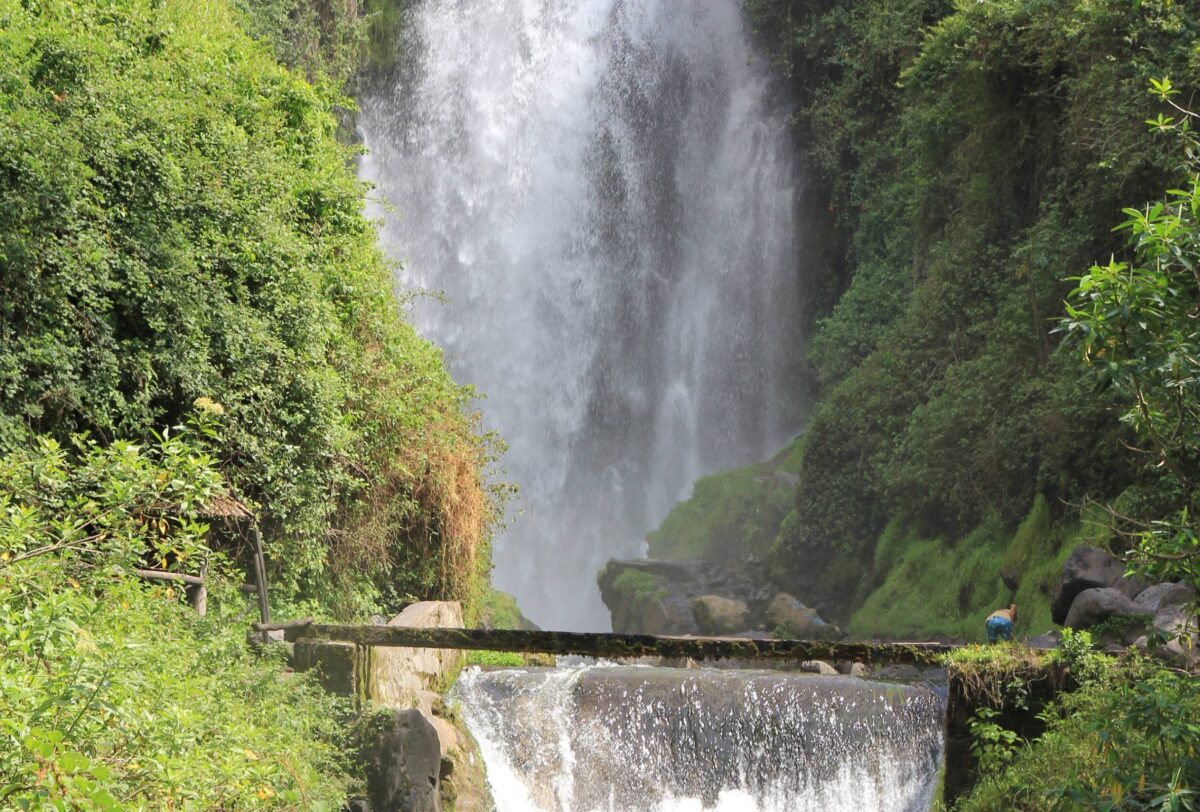 Peguche Waterfall cascading through green forest near Otavalo in the Ecuadorian highlands