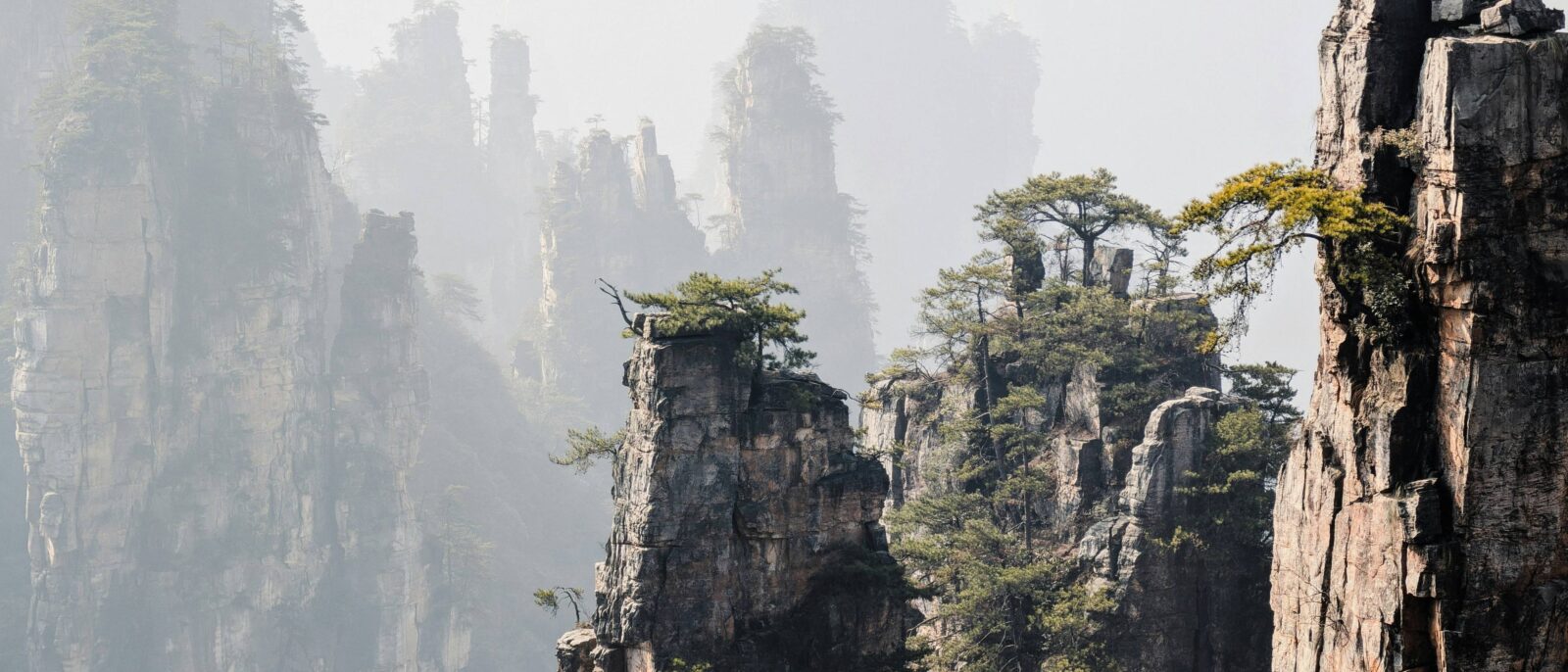 Family with young kids riding a cable car above the pillar-like sandstone peaks of Zhangjiajie’s Tianzi Mountain