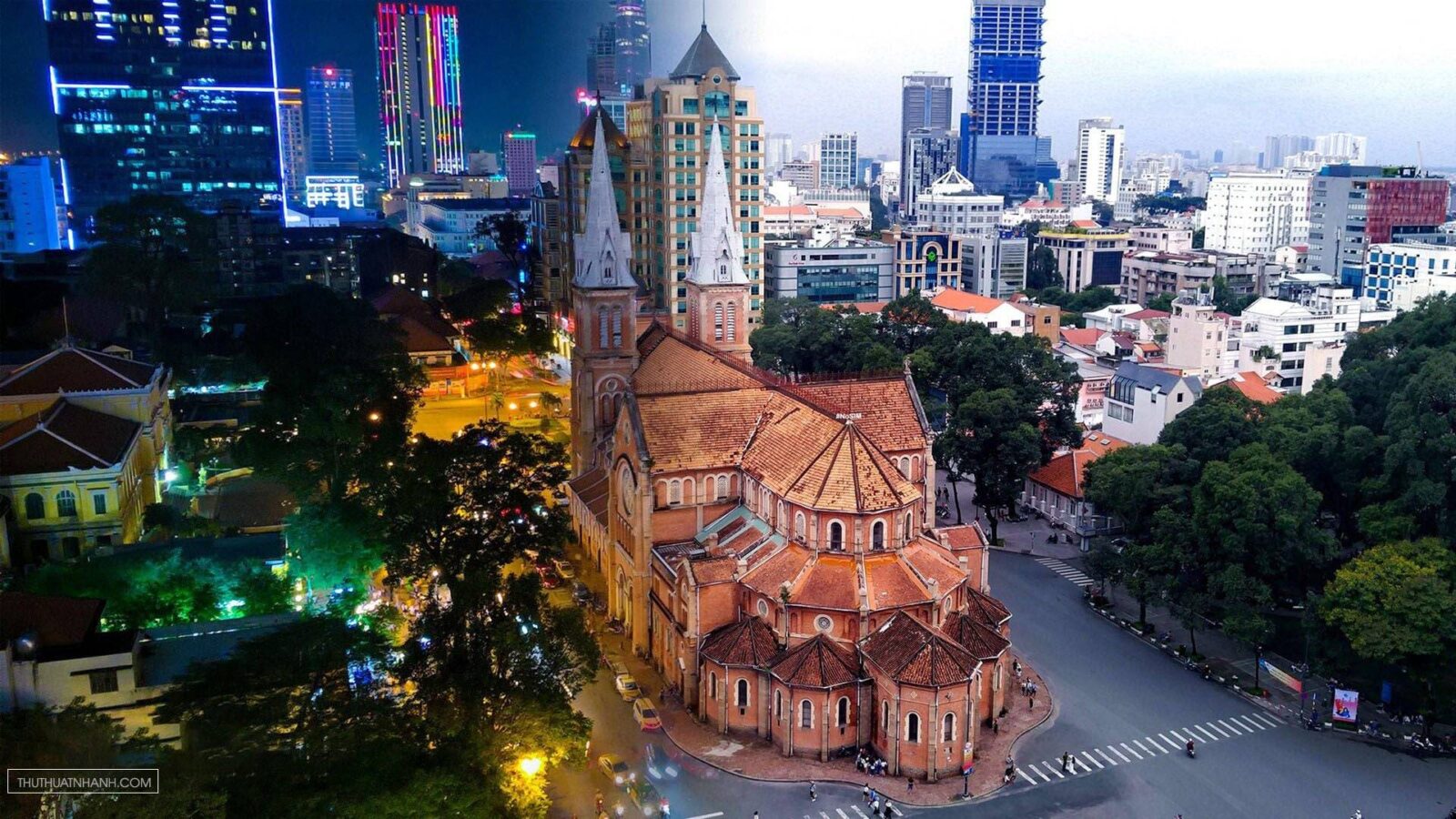 Central Saigon street view with Notre-Dame Cathedral and colonial architecture in Ho Chi Minh City