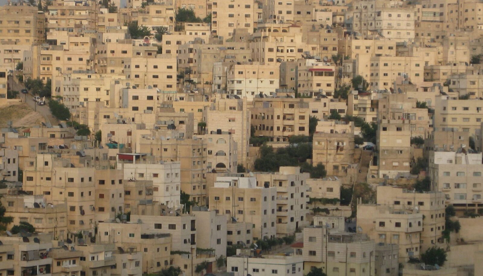 View over the city of Amman with hillside buildings under a clear sky