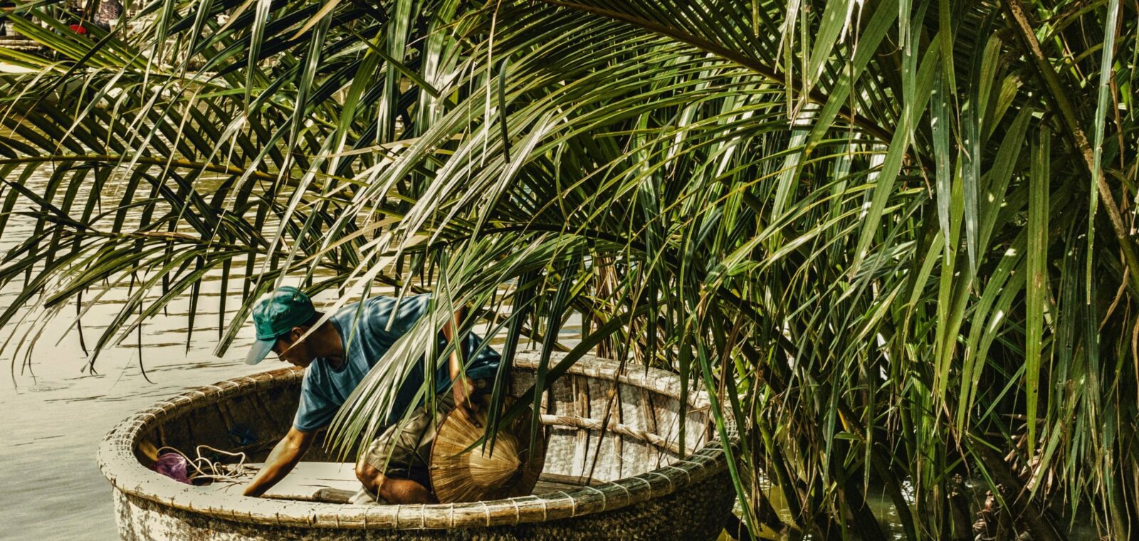 Cyclists passing through rice paddies and coconut groves on the way to Thanh Dong organic farm near Hoi An