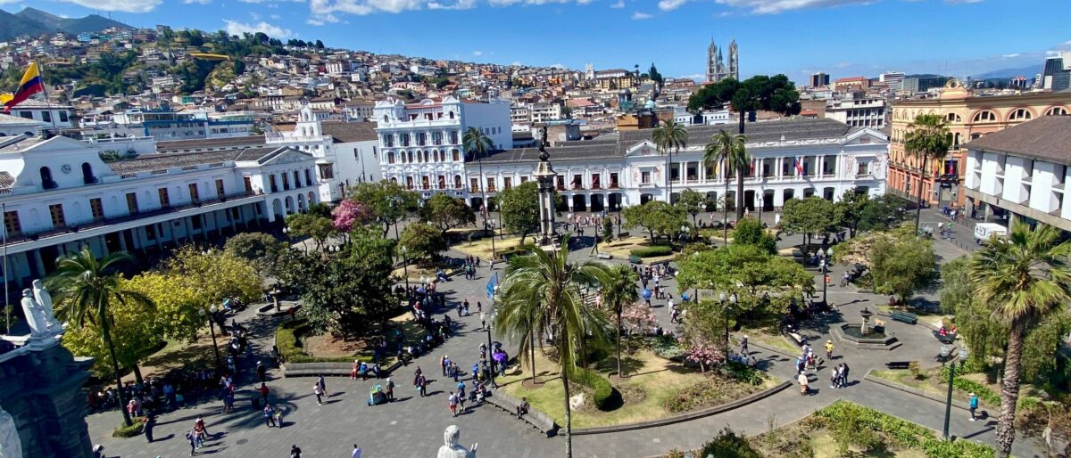 Quito’s colonial Independence Square with cathedral, government palace and surrounding historic buildings