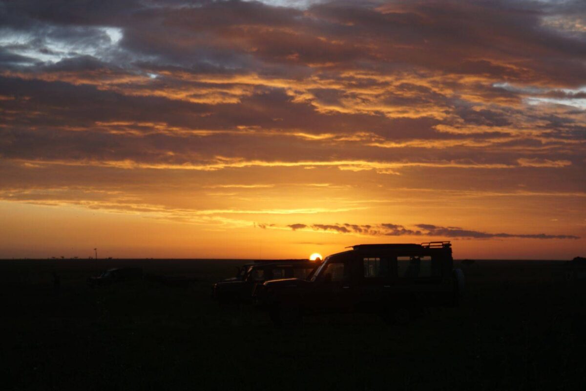 Safari vehicle driving across the endless plains of the Serengeti at sunset with wildebeest in the distance