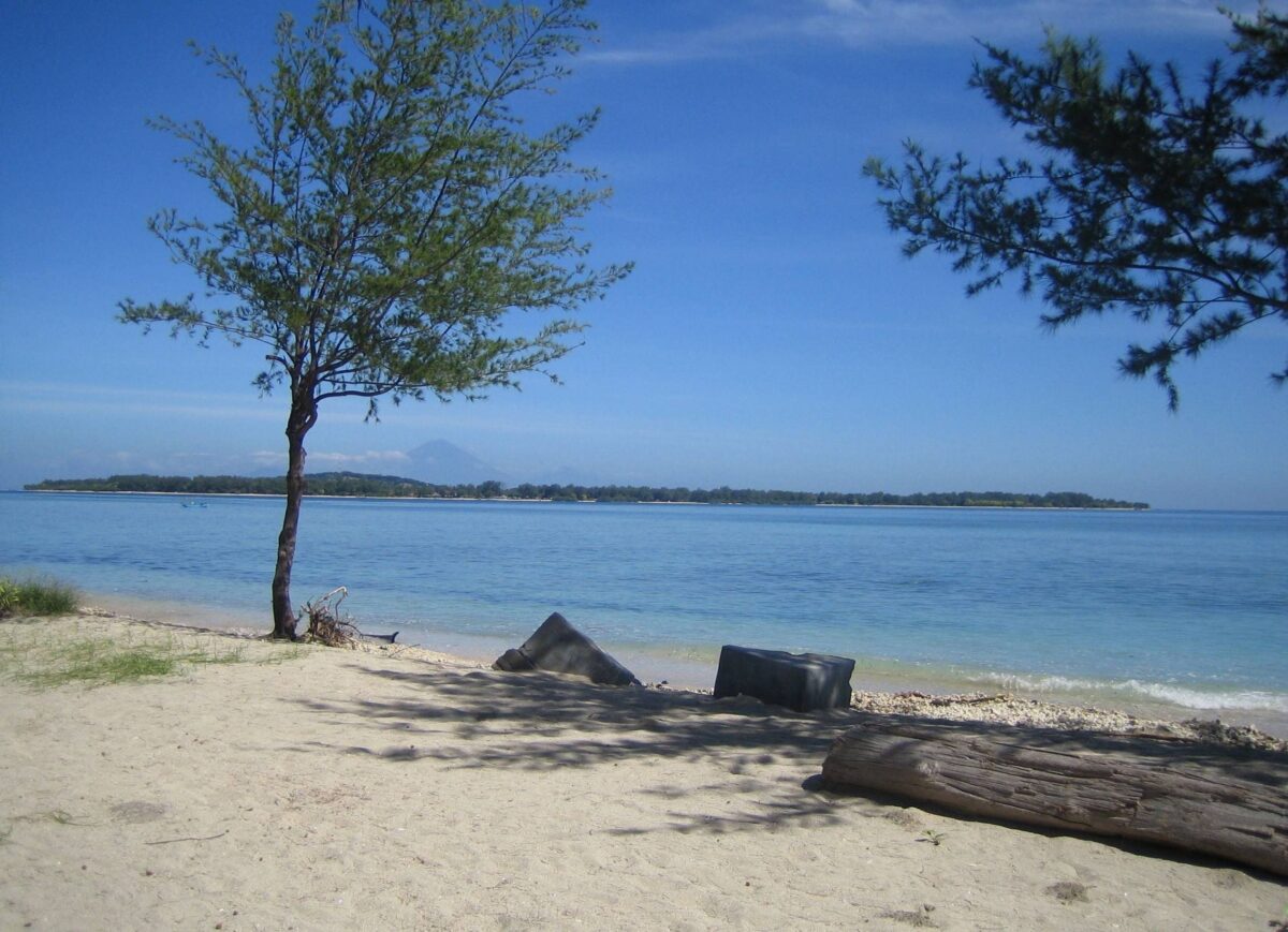 Snorkelers swimming above coral reefs with tropical fish near the Gili Islands