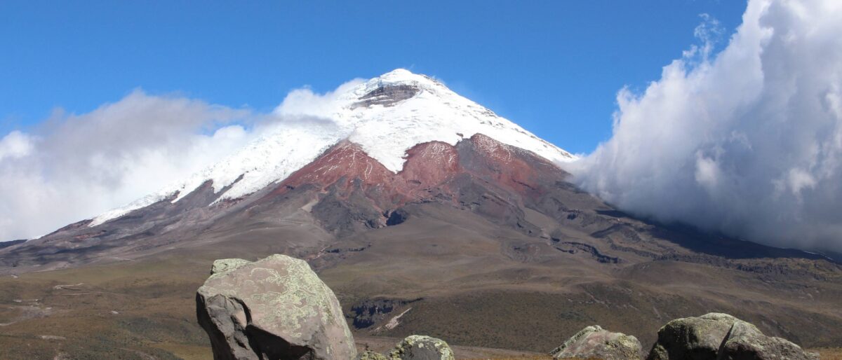 Snow-capped Cotopaxi Volcano towering above Limpiopungo Lagoon and high Andean plains