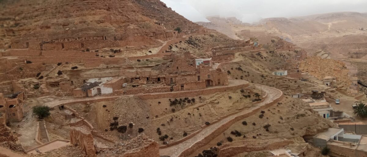 Traditional Berber ksar surrounded by rocky hills near Chenini in southern Tunisia
