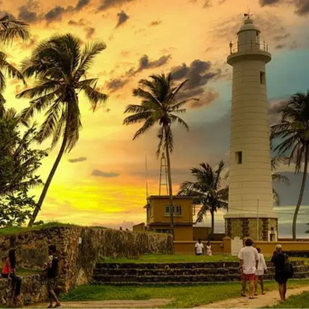 Traditional fishing boats near Negombo and colonial-era buildings and lighthouse inside Galle Fort in Sri Lanka
