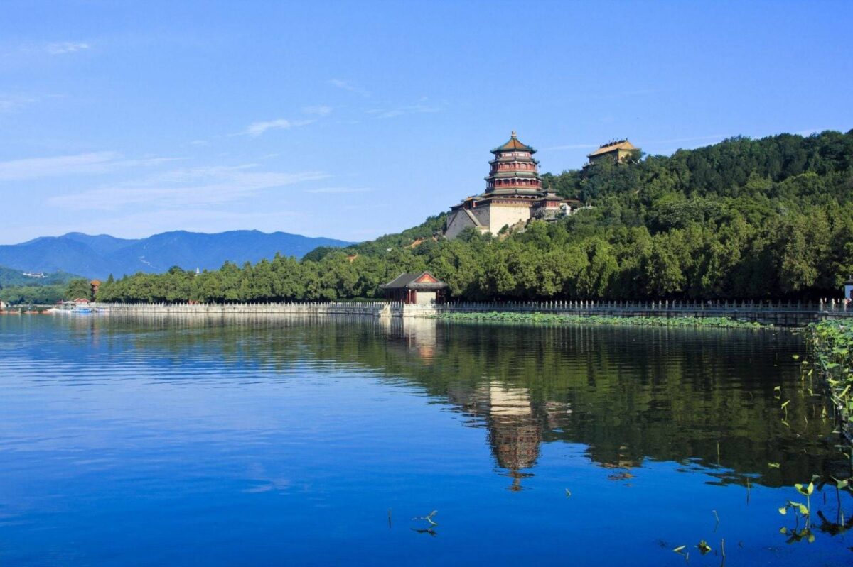 Traditional pavilions and ornate Long Corridor beside Kunming Lake at Beijing’s Summer Palace