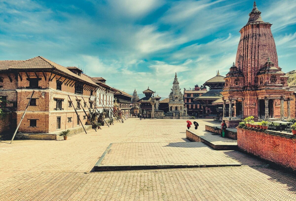 Traditional temples and brick buildings on Bhaktapur Durbar Square in Nepal