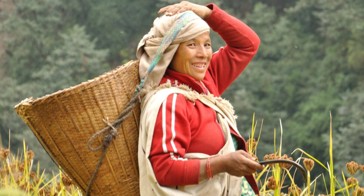 Traditional village houses on terraced hillsides with Annapurna peaks visible from Tadapani area