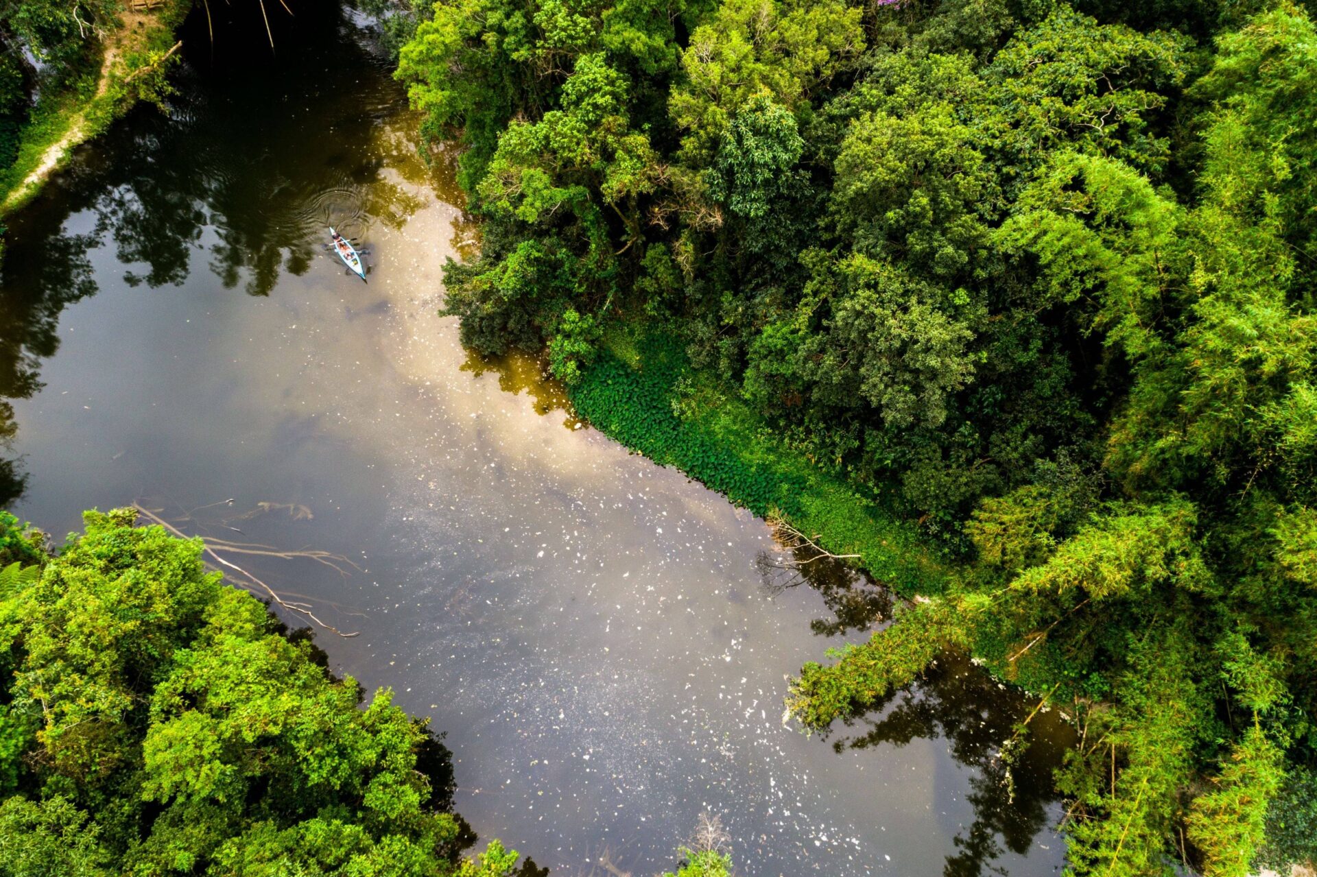Traditional wooden Amazon riverboat cruising on the dark waters of the Rio Negro surrounded by dense green rainforest near Manaus at sunset