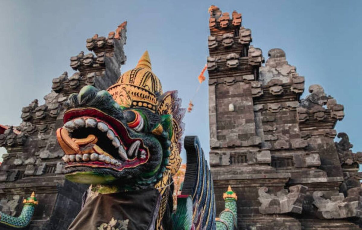Traveler arriving at a lush eco-friendly boutique resort in Bali with a private pool villa surrounded by greenery