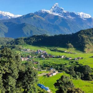 Trekking group walking along a mountain trail in the Annapurna foothills with snow-capped Himalayan peaks and terraced hillsides in the background at sunrise