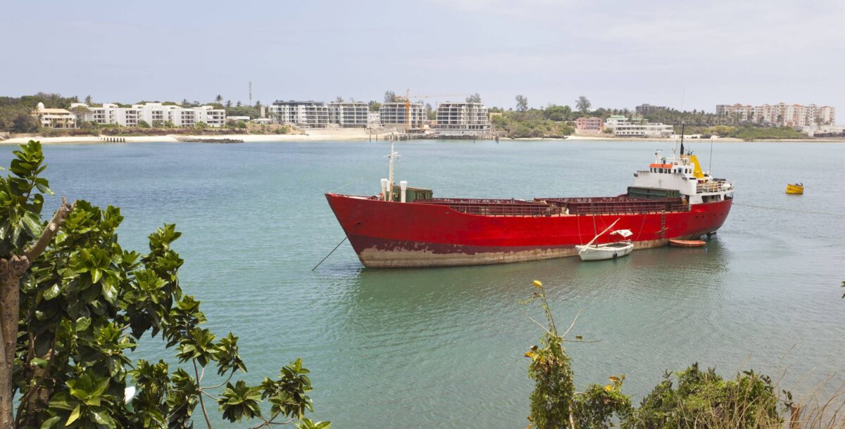Turquoise Indian Ocean waves washing onto a white sandy beach near Mombasa with palm trees