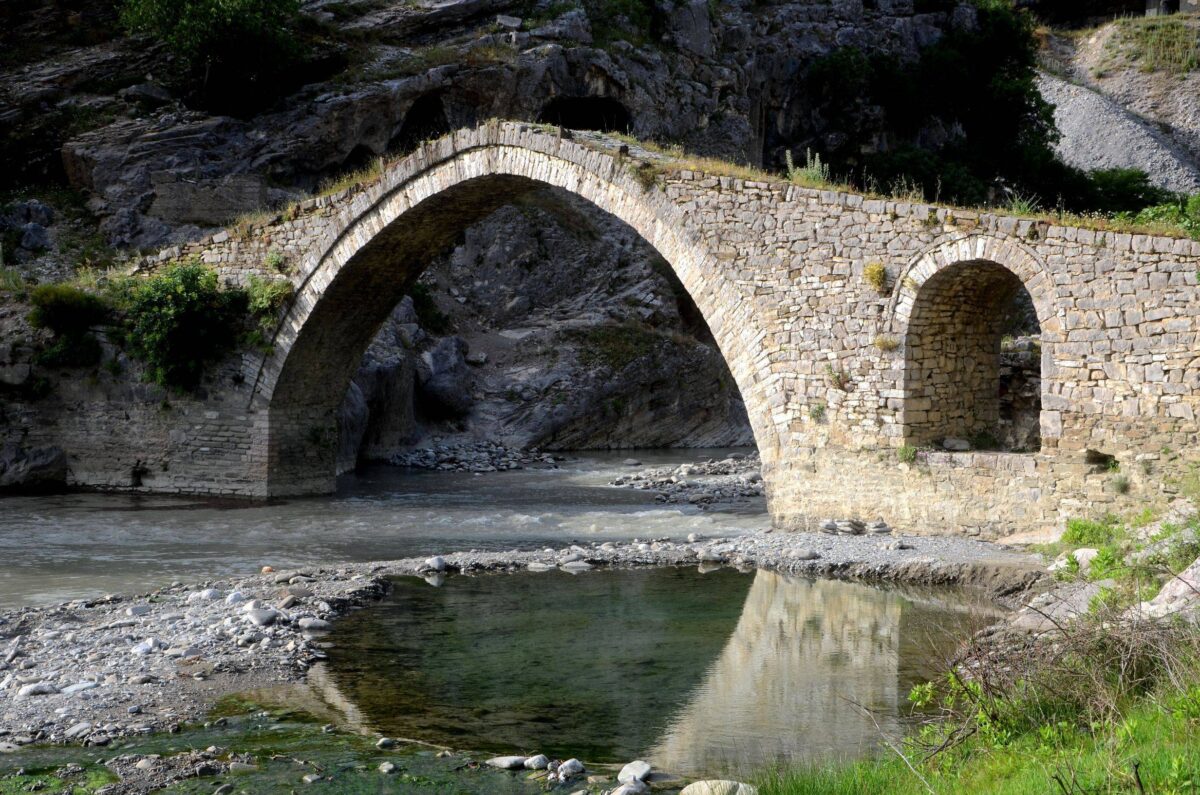 Turquoise Vjosa River winding through a wide valley with green mountains in the background