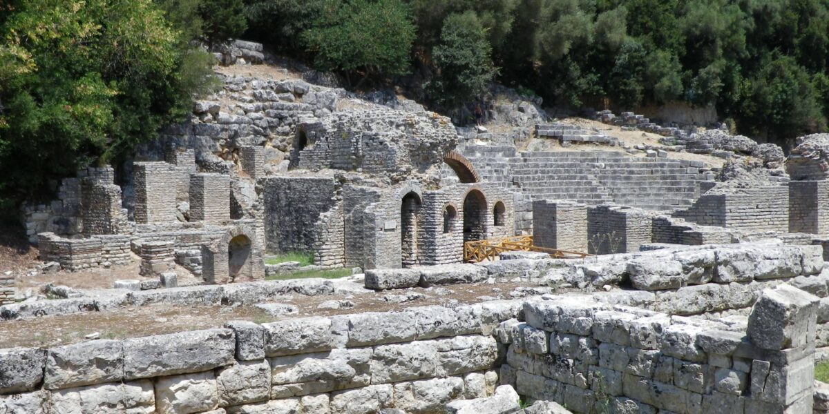 Turquoise waters and rugged cliffs of the Albanian Riviera coastline near Saranda