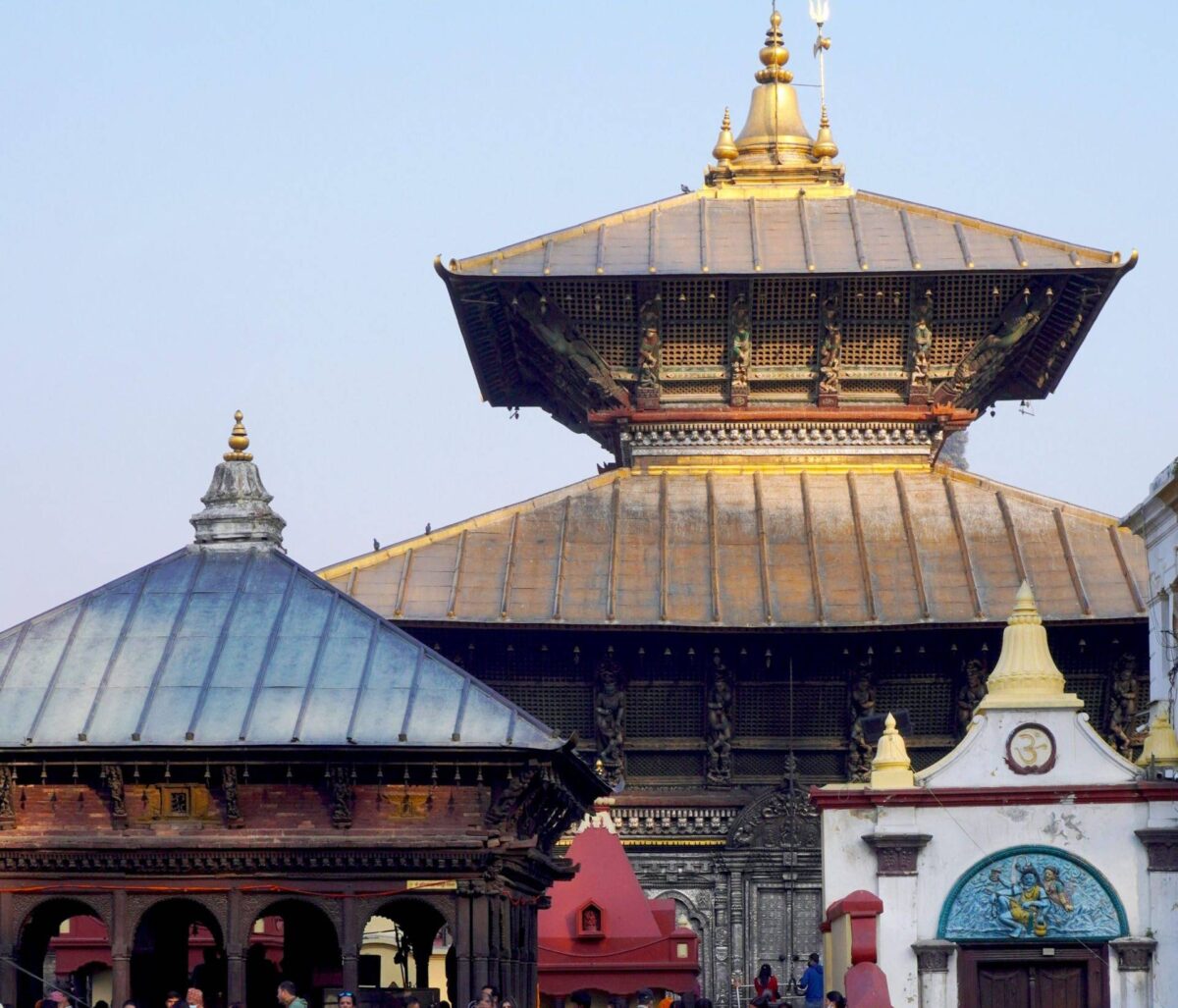 View of Boudhanath Stupa in Kathmandu with prayer flags and pilgrims circling