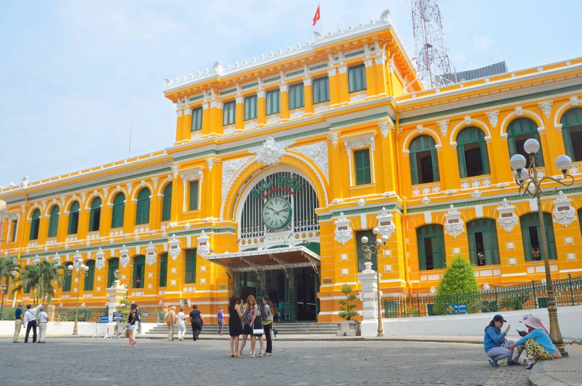 View of Notre-Dame Cathedral and the Central Post Office in central Ho Chi Minh City, Vietnam