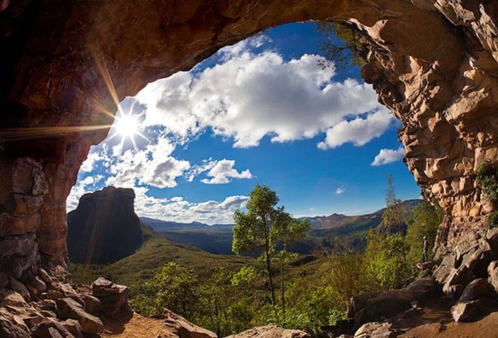 View of the small colonial town of Lençóis surrounded by green hills in Chapada Diamantina, Brazil